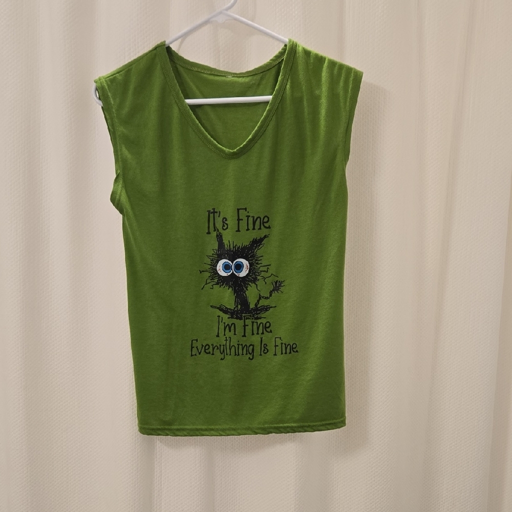 Green Sleeveless Top with Cat Graphic